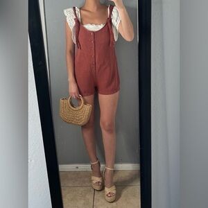 Rust Linen Blend Tie-Strap Romper – Size S, Cottagecore Picnic Style